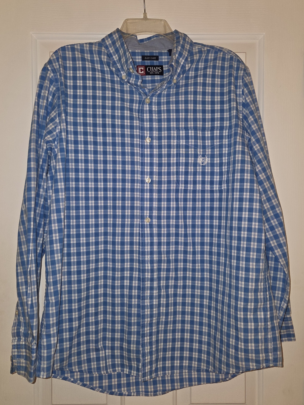 Chaps Blue and White Plaid Button-Down Shirt, Y2K Vintage
